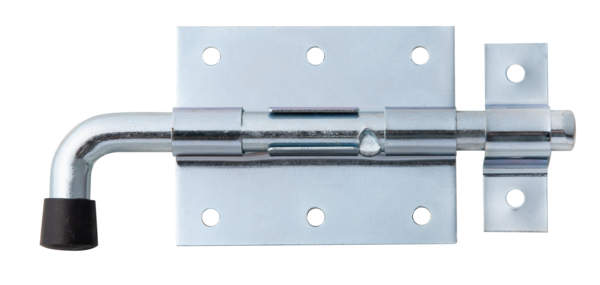 Bolt lock with round handle, Material: raw steel, Surface: blue galvanised, with attached staple, Plate length: 80 mm, Plate width: 66 mm, Bolt-Ø: 11.5 mm, Loop width: 18 mm, Loop length: 56 mm, Total length: 143 mm, Extension length: 33 mm, No. of holes: 8, Hole: Ø5 mm