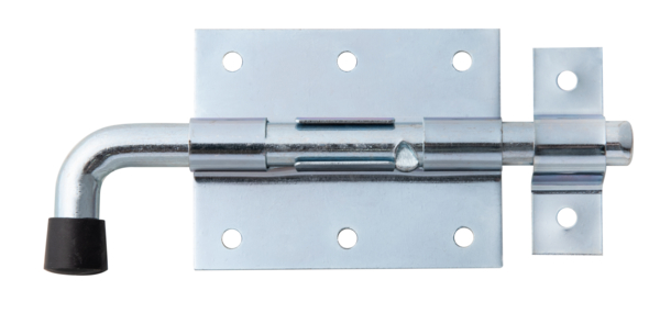 Bolt lock with round handle, Material: raw steel, Surface: blue galvanised, with attached staple, Plate length: 80 mm, Plate width: 66 mm, Bolt-Ø: 11.5 mm, Loop width: 18 mm, Loop length: 56 mm, Total length: 143 mm, No. of holes: 8, Hole: Ø5 mm