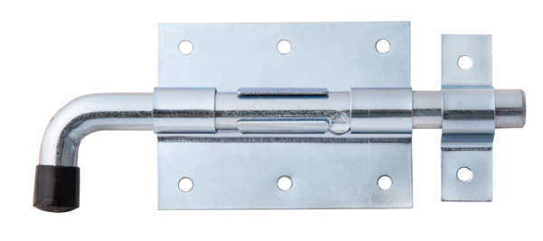 Bolt lock with round handle, Material: raw steel, Surface: blue galvanised, with attached staple, Plate length: 90 mm, Plate width: 67 mm, Bolt-Ø: 13.5 mm, Loop width: 18 mm, Loop length: 61 mm, Total length: 165 mm, Extension length: 38 mm, No. of holes: 8, Hole: Ø5 mm