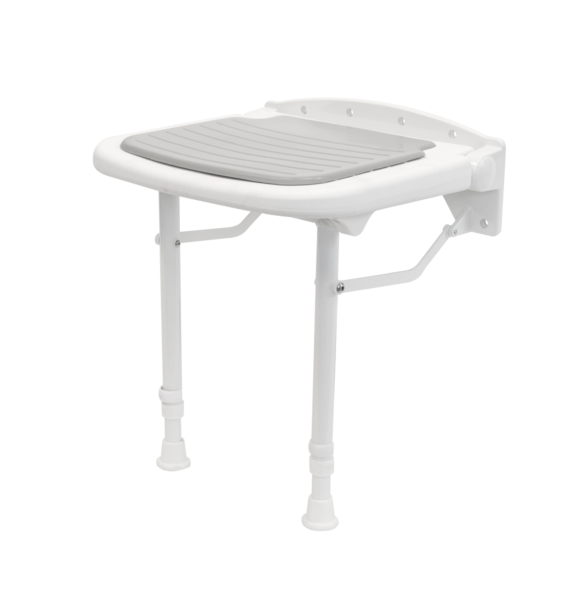 Upholstered seat for wall mounting, with height-adjustable support feet, Material: plastic, colour: white with grey padding, Width of seat: 380 mm, Depth of seat: 370 mm, Min. seat height: 500 mm, Max. seat height: 640 mm, Swung-up depth: 100 mm, Total depth: 400 mm, Max. load capacity: 159 kg