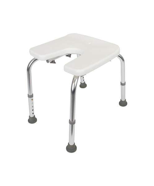 Shower stool, U-shape, height-adjustable, Material: plastic, colour: white, Width of seat: 400 mm, Depth of seat: 380 mm, Min. seat height: 420 mm, Max. seat height: 520 mm, Max. load capacity: 110 kg