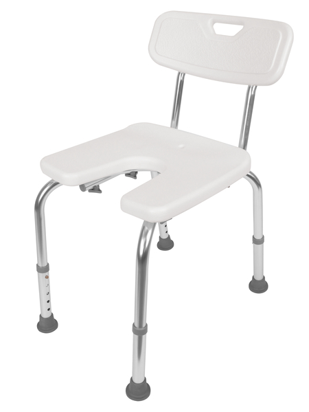 Shower chair, U-shape, height-adjustable, Material: plastic, colour: white, Width of seat: 400 mm, Depth of seat: 380 mm, Min. seat height: 420 mm, Max. seat height: 520 mm, Max. load capacity: 110 kg