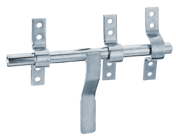 Bolt lock with flat handle, type Vervelle, Material: raw steel, Surface: blue galvanised, with attached staple, Length: 190 mm, Plate width: 93 mm, Bolt-Ø: 14 mm, Loop width: 16 mm, Loop length: 83 mm, No. of holes: 12, Hole: Ø6 mm