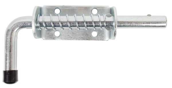 Bolt lock with spring, with round knob, type Pistolet, with countersunk screw holes, Material: raw steel, Surface: galvanised, thick-film passivated, without staple, Length: 176 mm, Plate length: 85 mm, Plate width: 40 mm, Bolt-Ø: 14 mm, No. of holes: 4, Hole: Ø6 mm