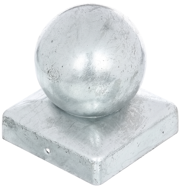 Post cap for wooden post, with ball top, with countersunk screw holes, Material: raw steel, Surface: hot-dip galvanised, Length: 90 mm, Width: 90 mm, Ball dia.: 80 mm