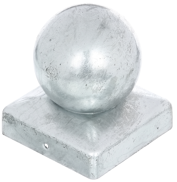 Capuchón para poste de madera, con bola, con agujeros para atornillar avellanados, Material: Acero crudo, Superficie: galvanizado en caliente, Longitud: 90 mm, Anchura: 90 mm, 80 mm