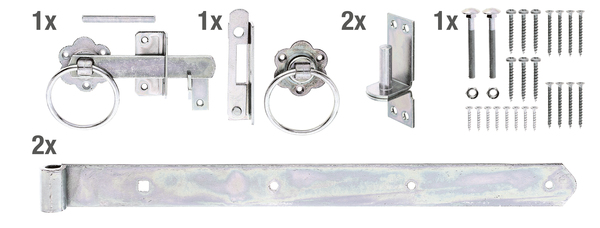 Garden gate fitting set for woven fence single gates, with countersunk screw holes, Material: raw steel, Surface: galvanised, thick-film passivated