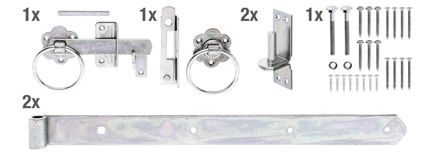 Garden gate fitting set for woven fence single gates