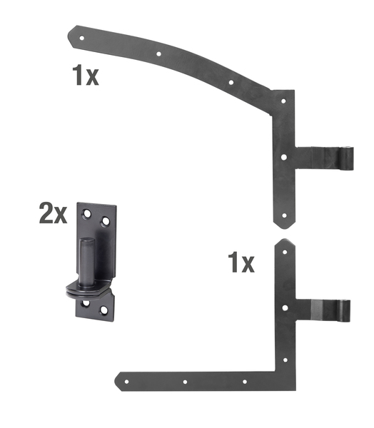 Garden gate fitting set for round arch single gates, Material: raw steel, Surface: yellow galvanised, black powder-coated, for right-opening gates, Contents per PU: 3 Set