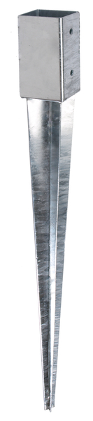 Fence post spike for square timber posts, Material: raw steel, Surface: hot-dip galvanised, for driving in, Pot length: 61 mm, Pot width: 61 mm, Pot height: 150 mm, Total length: 750 mm, No. of holes: 4, Hole: Ø11 mm