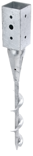 Ground screw for square timber posts, Material: raw steel, Surface: hot-dip galvanised, for screwing in, Pot length: 71 mm, Pot width: 71 mm, Pot height: 150 mm, Total length: 595 mm, No. of holes: 1 / 8, Hole: Ø18 / Ø11 mm