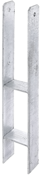 H-Pfostenträger, Material: Stahl roh, Oberfläche: feuerverzinkt, zum Einbetonieren, mit CE-Kennzeichnung nach ETA-10/0210, lichte Breite: 121 mm, Höhe: 300 mm, Gesamthöhe: 800 mm, Tiefe: 60 mm, Materialstärke: 6,00 mm, Anzahl Löcher: 4, Loch: Ø11 mm