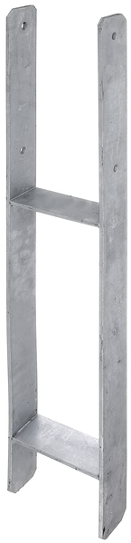 H-Pfostenträger, Material: Stahl roh, Oberfläche: feuerverzinkt, zum Einbetonieren, mit CE-Kennzeichnung nach ETA-10/0210, lichte Breite: 141 mm, Höhe: 300 mm, Gesamthöhe: 800 mm, Tiefe: 60 mm, Materialstärke: 6,00 mm, Anzahl Löcher: 4, Loch: Ø11 mm