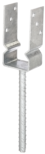 Anclaje para postes de forma U con varilla para hormigonar de acero acanalado, Material: Acero crudo, Superficie: galvanizado en caliente, para empotrar en hormigón, Anchura de apertura: 71 mm, Altura: 150 mm, Longitud del anclaje de hormigón: 200 mm, Profundidad: 60 mm, Extensión del poste: 100 mm, Ø del anclaje: 16 mm, Espesura del material: 4,00 mm, Número de agujeros: 6, Perforación: Ø11 mm