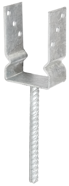 U post support with concrete anchor made of riffle steel, Material: raw steel, Surface: hot-dip galvanised, for setting in concrete, Clear width: 91 mm, Height: 150 mm, Length of concrete anchor: 200 mm, Depth: 60 mm, Post insertion piece: 100 mm, Concrete anchor Ø: 16 mm, Material thickness: 4.00 mm, No. of holes: 6, Hole: Ø11 mm