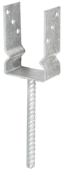 U-Pfostenträger mit Betonanker aus Riffelstahl, Material: Stahl roh, Oberfläche: feuerverzinkt, zum Einbetonieren, lichte Breite: 91 mm, Höhe: 150 mm, Länge Betonanker: 200 mm, Tiefe: 60 mm, Pfosteneinstand: 100 mm, Betonanker-Ø: 16 mm, Materialstärke: 4,00 mm, Anzahl Löcher: 6, Loch: Ø11 mm