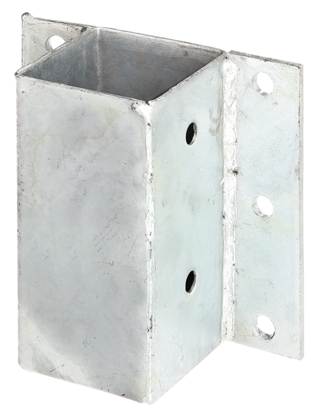 Post support for L and U border blocks or walls, Material: raw steel, Surface: hot-dip galvanised, for screwing on, Pot length: 71 mm, Pot width: 71 mm, Pot height: 150 mm, External edge of pot - external edge of screw-on plate: 40 mm, No. of holes: 10, Hole: Ø11 mm
