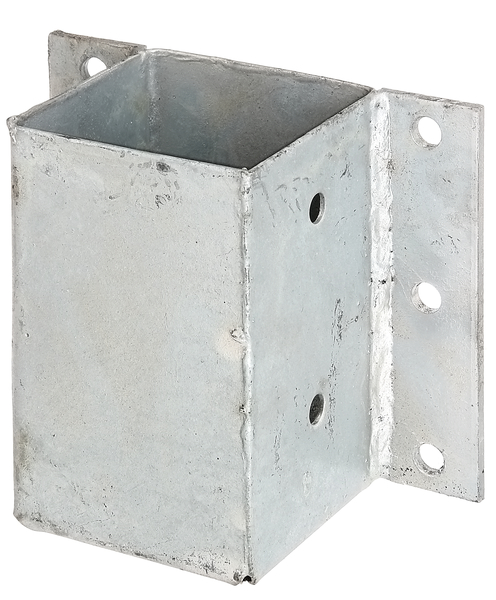 Post support for L and U border blocks or walls, Material: raw steel, Surface: hot-dip galvanised, for screwing on, Pot length: 91 mm, Pot width: 91 mm, Pot height: 150 mm, External edge of pot - external edge of screw-on plate: 40 mm, No. of holes: 10, Hole: Ø11 mm