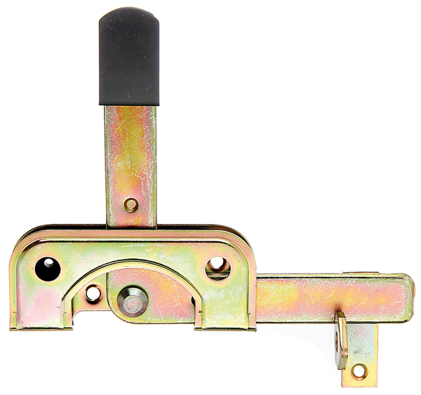 Garden gate latch especially for narrow frame timbers, with countersunk screw holes, with door latch, Material: raw steel, Surface: yellow galvanised, Plate length: 120 mm, Plate width: 50 mm, No. of holes: 2 / 4, Hole: Ø5.5 / Ø6.5 mm