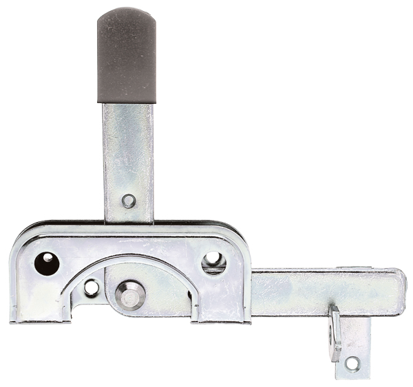 Garden gate latch especially for narrow frame timbers, with countersunk screw holes, with door latch, Material: raw steel, Surface: galvanised, thick-film passivated, Plate length: 120 mm, Plate width: 50 mm, No. of holes: 2 / 4, Hole: Ø5.5 / Ø6.5 mm