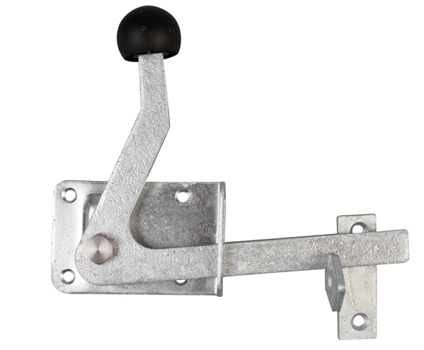 Garden gate latch, with countersunk screw holes, with door latch, Material: raw steel, Surface: hot-dip galvanised, Plate length: 80 mm, Plate width: 55 mm, No. of holes: 4 / 2, Hole: Ø5 mm