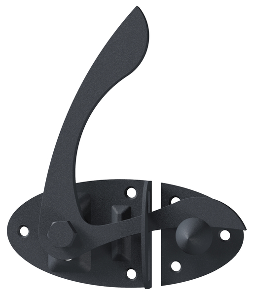 Gartentorfalle Ovado, mit versenkten Schraublöchern, mit Klinkhaken, Material: Stahl, Oberfläche: verzinkt, graphitgrau kunststoffbeschichtet, Plattenlänge: 85 mm, Plattenbreite: 60 mm, Gesamtbreite: 135 mm, Anzahl Löcher: 6, Loch: Ø5,5 mm, CutCase