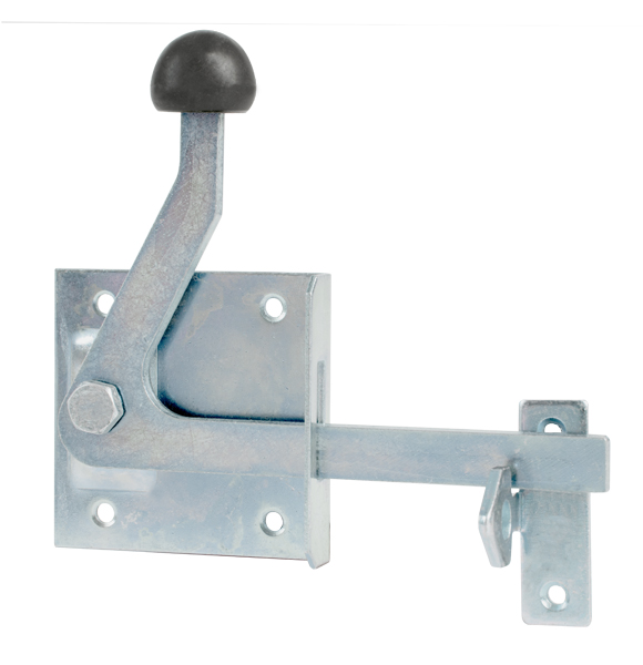 Gartentorfalle, mit versenkten Schraublöchern, mit Klinkhaken, Material: Stahl roh, Oberfläche: galvanisch blau verzinkt, Plattenlänge: 80 mm, Plattenbreite: 80 mm, Anzahl Löcher: 6, Loch: Ø5,5 mm