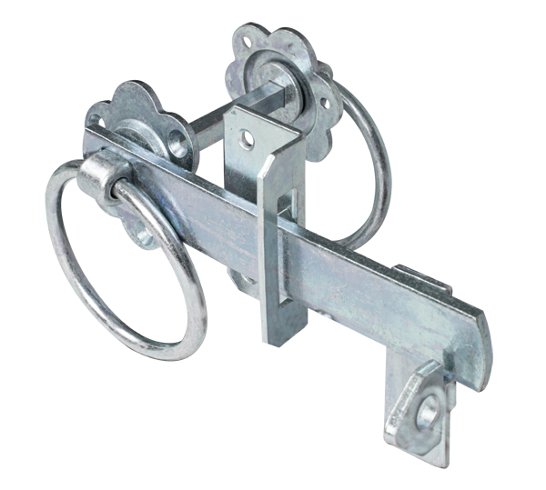 Garden gate fastening latch for high gates or woven fence doors, with countersunk screw holes, with door latch, Material: raw steel, Surface: galvanised, thick-film passivated, Length: 155 mm, Rosette dia.: 60 mm, Plate height: 70 mm, Height of hook: 60 mm, Pin length: 77 mm, No. of holes: 3 / 2 / 6, Hole: Ø5.2 / Ø5.5 / Ø4.5 mm