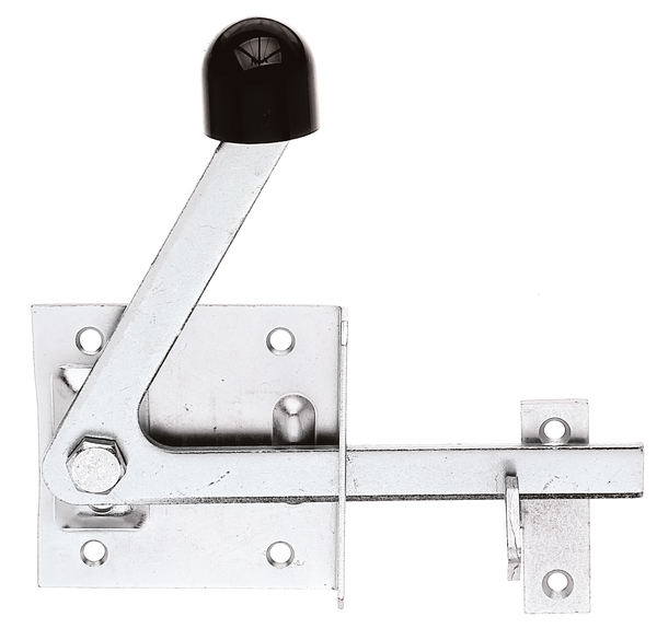 Garden gate latch, with countersunk screw holes, with door latch, Material: raw steel, Surface: galvanised, thick-film passivated, Plate length: 80 mm, Plate width: 80 mm, No. of holes: 6, Hole: Ø5.5 mm