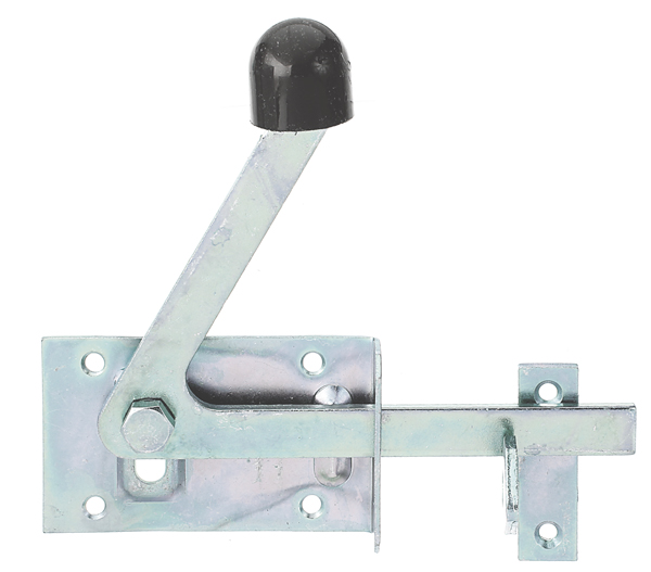 Garden gate latch especially for narrow frame timbers, with countersunk screw holes, with door latch, Material: raw steel, Surface: yellow galvanised, Plate length: 100 mm, Plate width: 60 mm, No. of holes: 6, Hole: Ø5.5 mm