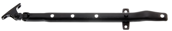 Window stopper for skylight windows or pivot windows, Material: raw steel, Surface: black powder-coated, Total length: 285 mm, Length of screw-on plate: 41 mm, Width of screw-on plate: 15 mm, No. of holes: 4, Hole: Ø4.5 mm