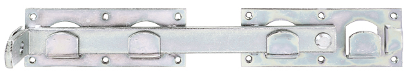 Double gate hasp, with countersunk screw holes, Material: raw steel, Surface: galvanised, thick-film passivated, individual parts attached with cable ties, Total length: 423 mm, Plate length: 180 mm, Plate width: 70 mm, Length of hasp: 333 mm, No. of holes: 12, Hole: Ø5 mm