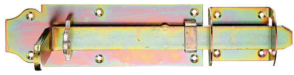 Doppeltorverschluss, speziell für Rahmentore, mit versenkten Schraublöchern, Material: Stahl roh, Oberfläche: galvanisch gelb verzinkt, Gesamtlänge: 380 mm, Plattenhöhe: 80 mm, Plattenlänge: 250 mm, Anzahl Löcher: 4 / 6, Loch: Ø5,5 / Ø6 mm