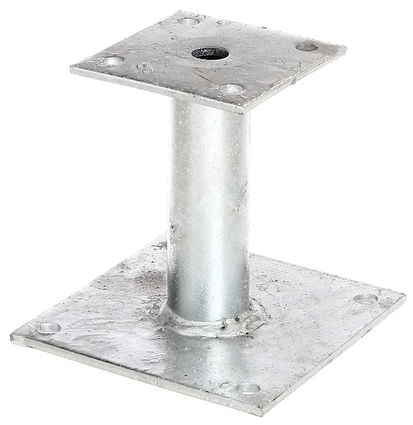 Post support, Material: raw steel, Surface: hot-dip galvanised, for screwing on, Plate length at top: 150 mm, Plate length at bottom: 100 mm, 150 mm, Height: 100 mm, Plate thickness: 5 mm, Tube Ø: 42 mm, No. of holes: 8, Hole: Ø11 mm