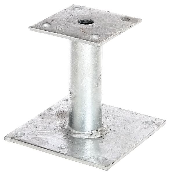 Anclaje para postes, Material: Acero crudo, Superficie: galvanizado en caliente, para atornillar, 150 mm, Longitud y anchura de la pletina abajo: 100 mm, Altura libre del suelo: 150 mm, Altura: 100 mm, Grosor de la placa: 5 mm, Ø del tubo: 42 mm, Número de agujeros: 8, Perforación: Ø11 mm