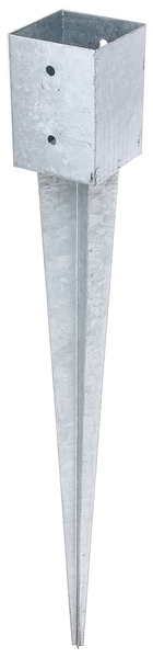 Fence post spike for square timber posts, Material: raw steel, Surface: hot-dip galvanised, for driving in, Pot length: 101 mm, Pot width: 101 mm, Pot height: 150 mm, Total length: 900 mm, No. of holes: 4, Hole: Ø11 mm