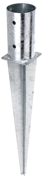 Fence post spike for round timber posts, Material: raw steel, Surface: hot-dip galvanised, for driving in, Pot dia.: 81 mm, Pot height: 150 mm, Total length: 600 mm, No. of holes: 4, Hole: Ø11 mm