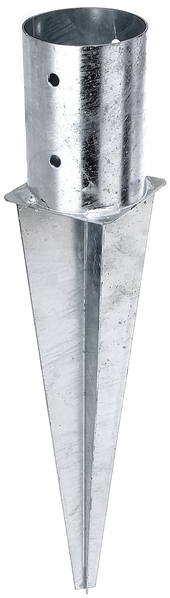 Fence post spike for round timber posts, Material: raw steel, Surface: hot-dip galvanised, for driving in, Pot dia.: 101 mm, Pot height: 150 mm, Total length: 600 mm, No. of holes: 4, Hole: Ø11 mm