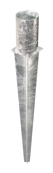 Fence post spike for round timber posts, Material: raw steel, Surface: hot-dip galvanised, for driving in, Pot dia.: 121 mm, Pot height: 145 mm, Total length: 750 mm, No. of holes: 4, Hole: Ø11 mm