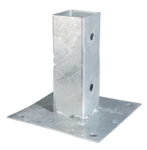 Anclaje sobre base para postes de madera cuadrados, Material: Acero crudo, Superficie: galvanizado en caliente, Longitud de la maceta: 61 mm, Anchura de la maceta: 61 mm, Altura del tubo: 150 mm, Longitud de la pletina: 150 mm, Anchura de la pletina: 150 mm, Número de agujeros: 8, Perforación: Ø11 mm