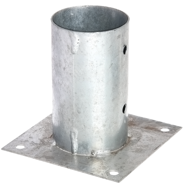 Bolt down post support for round timber posts, Material: raw steel, Surface: hot-dip galvanised, Pot dia.: 81 mm, Pot height: 150 mm, Plate length: 150 mm, No. of holes: 8, Hole: Ø11 mm
