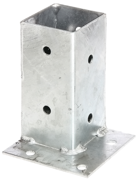 Bolt down post support for square timber posts, for flush fixing to corners, Material: raw steel, Surface: hot-dip galvanised, Pot length: 71 mm, Pot width: 71 mm, Pot height: 150 mm, Plate length: 114 mm, Plate width: 114 mm, No. of holes: 12, Hole: Ø11 mm