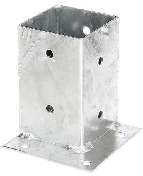 Bolt down post support for square timber posts, for flush fixing to corners, Material: raw steel, Surface: hot-dip galvanised, Pot length: 91 mm, Pot width: 91 mm, Pot height: 150 mm, Plate length: 134 mm, Plate width: 134 mm, No. of holes: 12, Hole: Ø11 mm