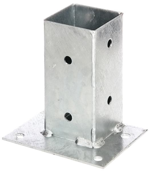 Anclaje sobre base para postes de madera cuadrados, ideal para la fijación en lineas rectas, Material: Acero crudo, Superficie: galvanizado en caliente, Longitud de la maceta: 71 mm, Anchura de la maceta: 71 mm, Altura del tubo: 150 mm, Longitud de la pletina: 143 mm, Anchura de la pletina: 114 mm, Número de agujeros: 12, Perforación: Ø11 mm