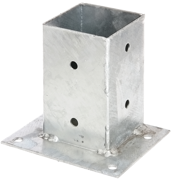 Bolt down post support for square timber posts, for flush fixing to straight surfaces, Material: raw steel, Surface: hot-dip galvanised, Pot length: 91 mm, Pot width: 91 mm, Pot height: 150 mm, Plate length: 163 mm, Plate width: 134 mm, No. of holes: 12, Hole: Ø11 mm