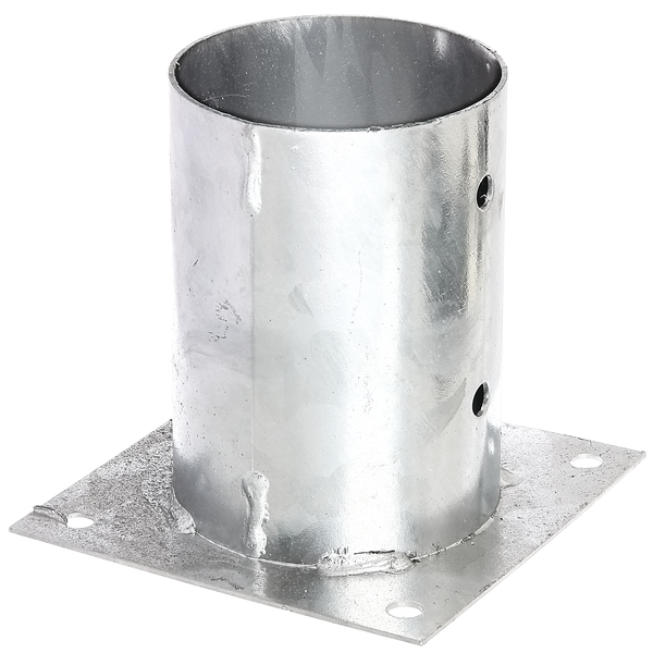 Bolt down post support for round timber posts, Material: raw steel, Surface: hot-dip galvanised, Pot dia.: 141 mm, Pot height: 147 mm, Plate length: 200 mm, No. of holes: 8, Hole: Ø11 mm