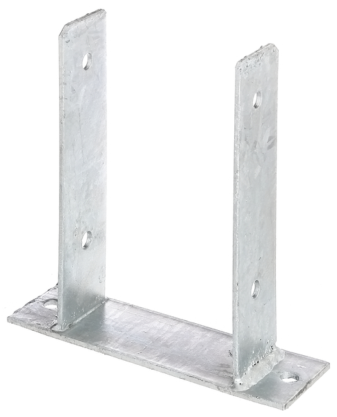 Anclaje para postes de forma U, Material: Acero crudo, Superficie: galvanizado en caliente, para atornillar, con distintivo CE conforme a ETA-10/0210, Anchura de apertura: 121 mm, Altura: 200 mm, Profundidad de la pletina atornillable: 60 mm, Profundidad del soporte: 50 mm, Longitud platina atornillable: 200 mm, Espesura del material: 4,00 mm, Número de agujeros: 6, Perforación: Ø11 mm