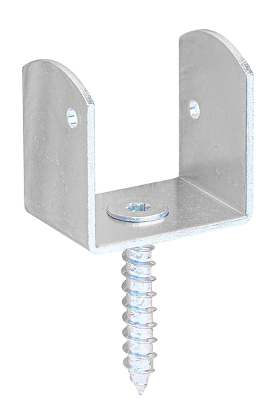 Flechtzaunhalter, U-Form, Material: Stahl roh, Oberfläche: galvanisch verzinkt, Dickschichtschutz, Gesamthöhe: 83 mm, Breite: 38 mm, Tiefe: 30 mm, Höhe: 38 mm, Antrieb: Innensechsrund (Stern) Größe 30, Materialstärke: 2,00 mm, Holzgewinde-Ø: 8 x 45 mm, Anzahl Löcher: 2, Loch: Ø4,5 mm