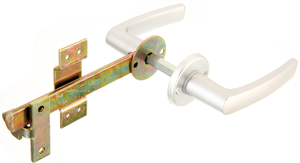 Woven fence fastening latch for single gates, Material: raw steel, Surface: yellow galvanised, handle and rosette: aluminium, packaged in a set, Length: 170 mm