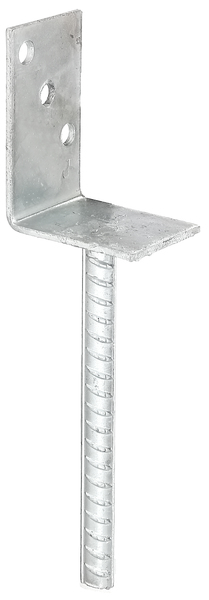 Anclaje para postes de forma L con varilla para hormigonar de acero acanalado, Material: Acero crudo, Superficie: galvanizado en caliente, para empotrar en hormigón, con distintivo CE conforme a ETA-10/0210, Anchura: 80 mm, Altura: 104 mm, Longitud del anclaje de hormigón: 200 mm, Profundidad: 60 mm, Ø del anclaje: 16 mm, Espesura del material: 4,00 mm, Número de agujeros: 3, Perforación: Ø11 mm, 15 años de garantía contra la corrosión